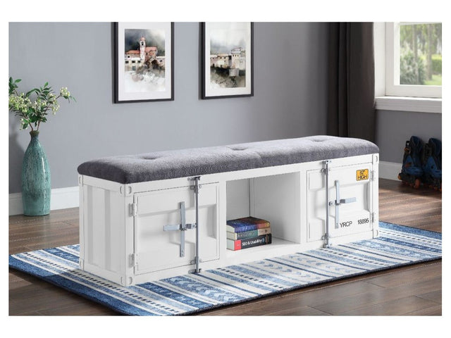 Cargo Gray Fabric & White Bench (Storage) - Ornate Home