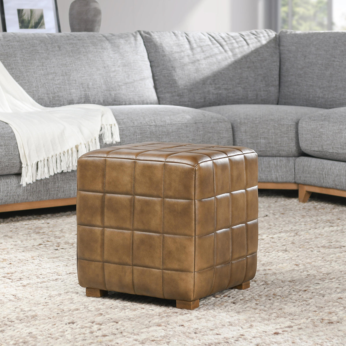 Carlo Antique Brown Leather Square Ottoman - Ornate Home