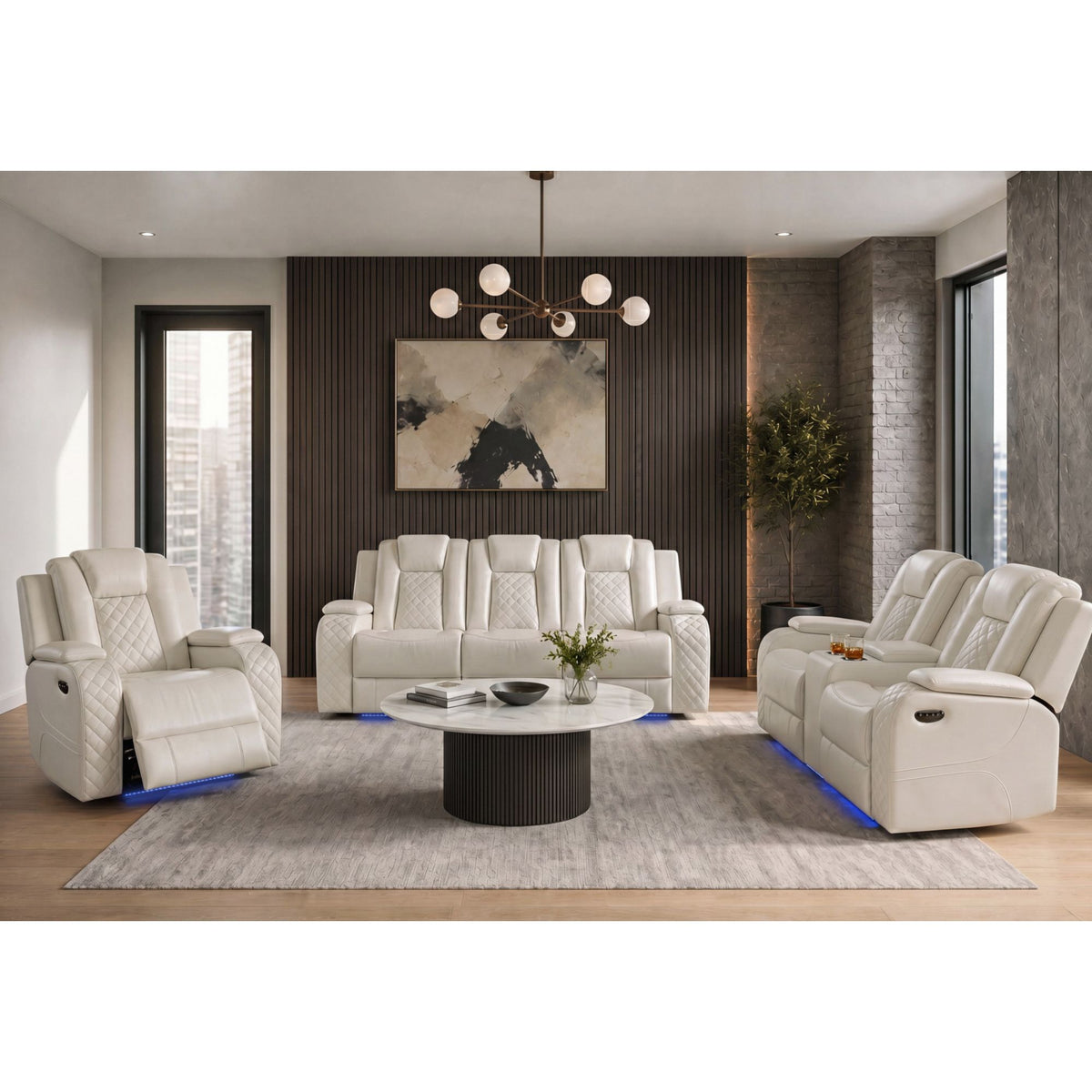 Carlo Pebble Oyster Power Motion Loveseat with Power Headrest, Console and LED - Ornate Home
