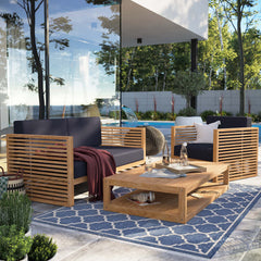 Carlsbad Natural/Navy 3-Piece Teak Wood Outdoor Patio Set - 64.5x95" - Ornate Home