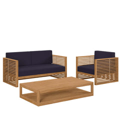 Carlsbad Natural/Navy 3-Piece Teak Wood Outdoor Patio Set - 64.5x95" - Ornate Home