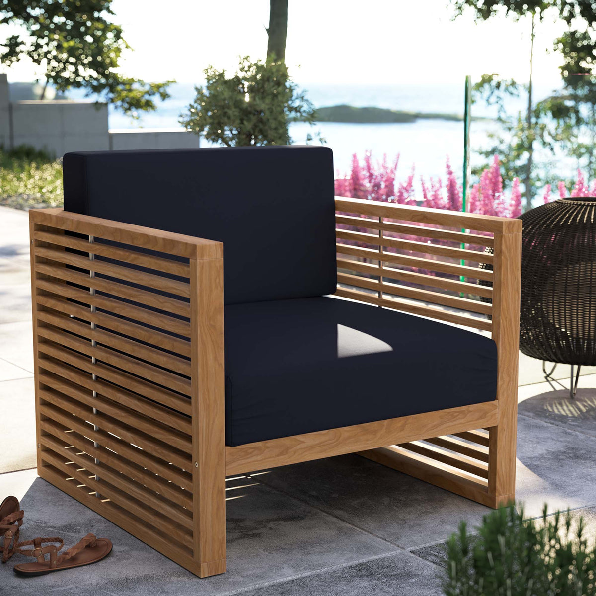 Carlsbad Natural/Navy Teak Wood Outdoor Patio Armchair - Ornate Home