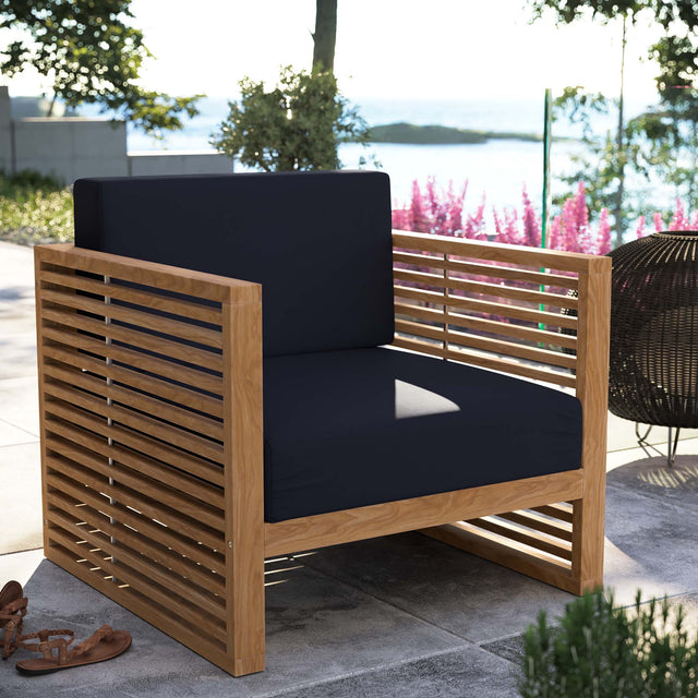 Carlsbad Natural/Navy Teak Wood Outdoor Patio Armchair - Ornate Home