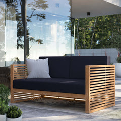 Carlsbad Natural/Navy Teak Wood Outdoor Patio Loveseat - Ornate Home