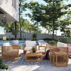 Carlsbad Natural/White 6-Piece Teak Wood Outdoor Patio Set - Ornate Home