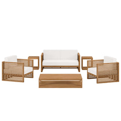 Carlsbad Natural/White 6-Piece Teak Wood Outdoor Patio Set - Ornate Home