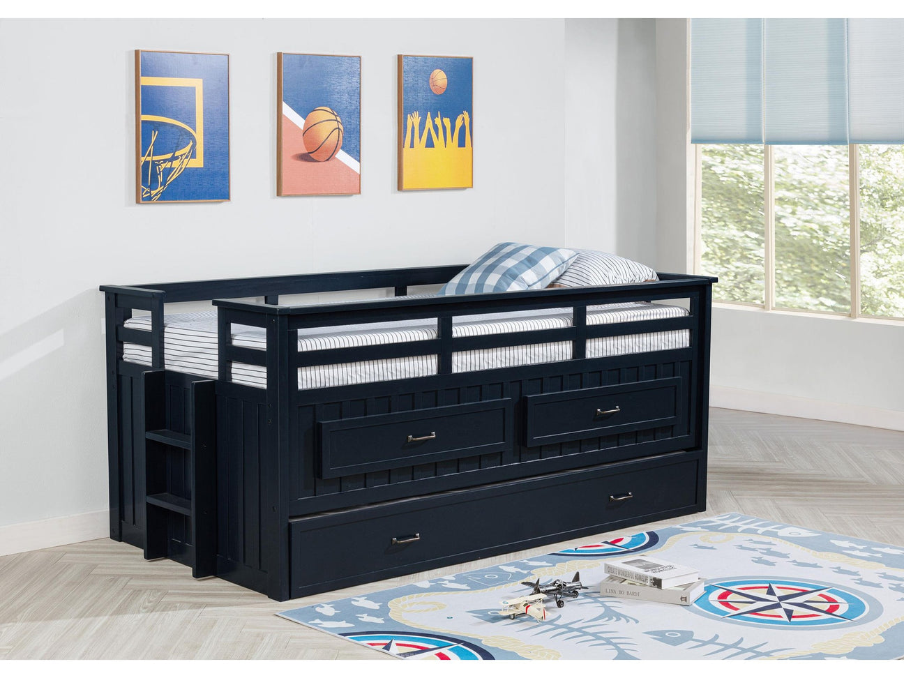 Carlsbad Navy Blue Wood Twin Captains Bed With Trundle - Ornate Home