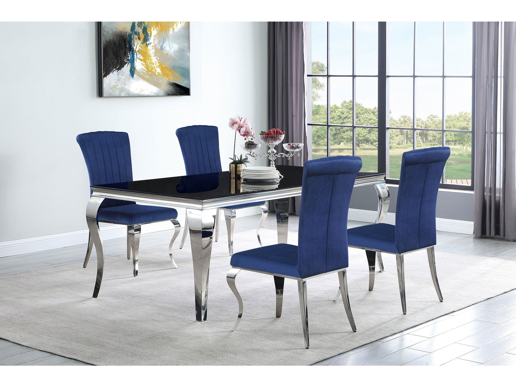 Carone Ink Blue 81" Black Glass Top Dining Room Set - Ornate Home
