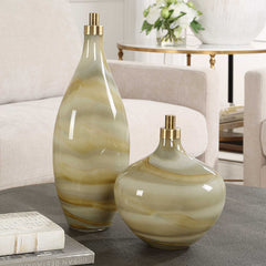 Cascade Brass/Bronze/Brown Glass Bottles (Set of 2) - Ornate Home