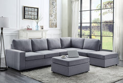 Cassia Light Gray 120"W Linen Reversible Modular Sectional Sofa with Left-Facing Chaise & Ottoman - Ornate Home