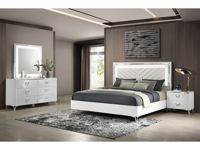 Cassia White High Gloss 4-piece Queen LED Bedroom Set - Ornate Home