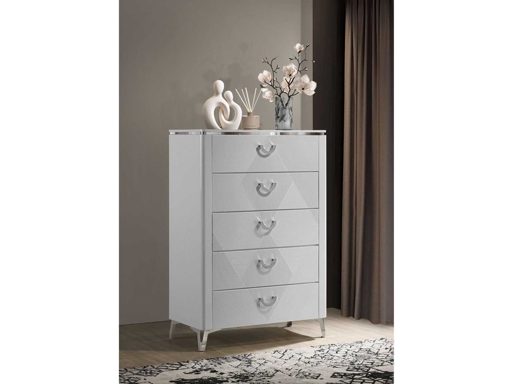 Cassia White High Gloss 5-drawer Bedroom Chest of Drawers - Ornate Home