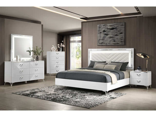 Cassia White High Gloss 5-piece Queen LED Bedroom Set - Ornate Home