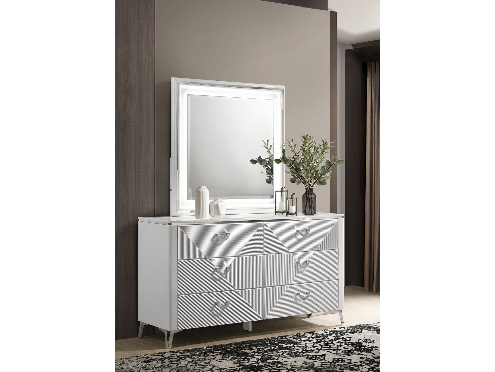 Cassia White High Gloss 6-drawer Dresser Cabinet with Mirror - Ornate Home