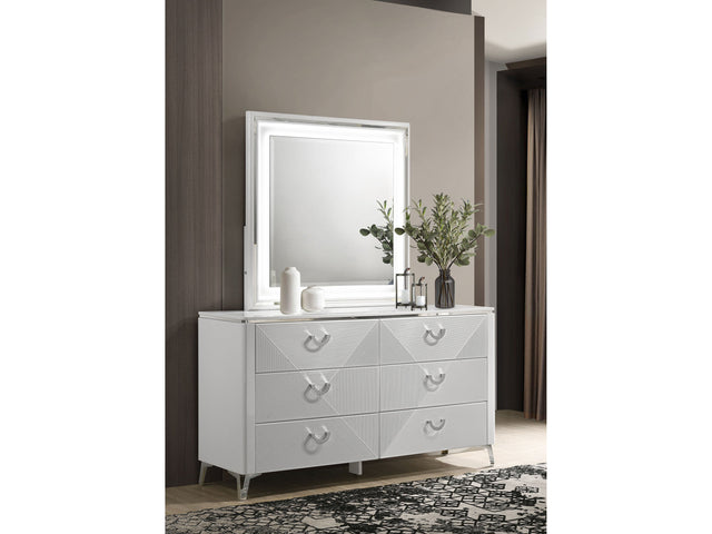 Cassia White High Gloss 6-drawer Dresser Cabinet with Mirror - Ornate Home
