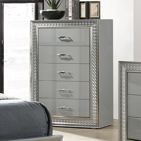 Cassiopeia Metallic Gray Queen 5 Piece Bedroom Set w/Chest - Ornate Home