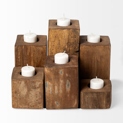 Cassius Light Brown Nine Wood Block Table Candle Holder - Ornate Home