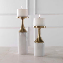 Castiel Brass/White Marble Candleholders (Set of 2) - Ornate Home