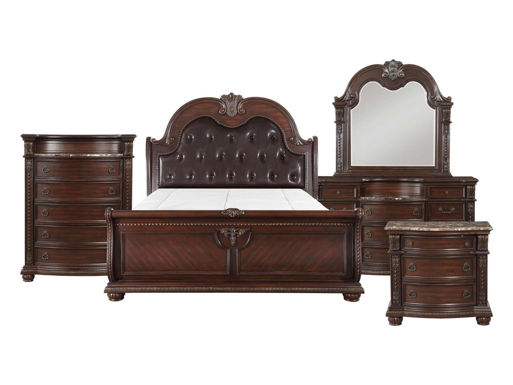 Cavalier Dark Cherry/Brown 5-Piece Queen Bedroom Set - Ornate Home
