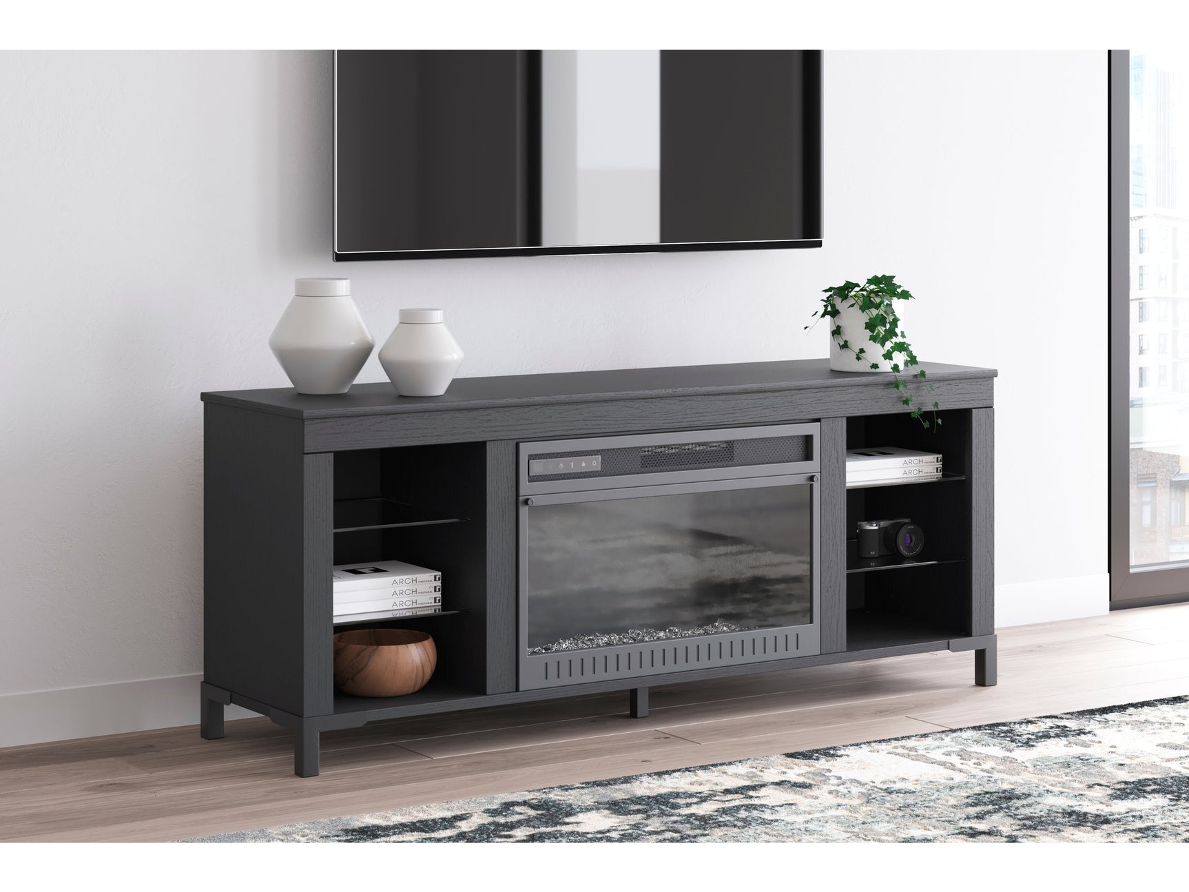 Cayberry Black 60" TV Stand with Electric Fireplace (Online Special Price) - Ornate Home