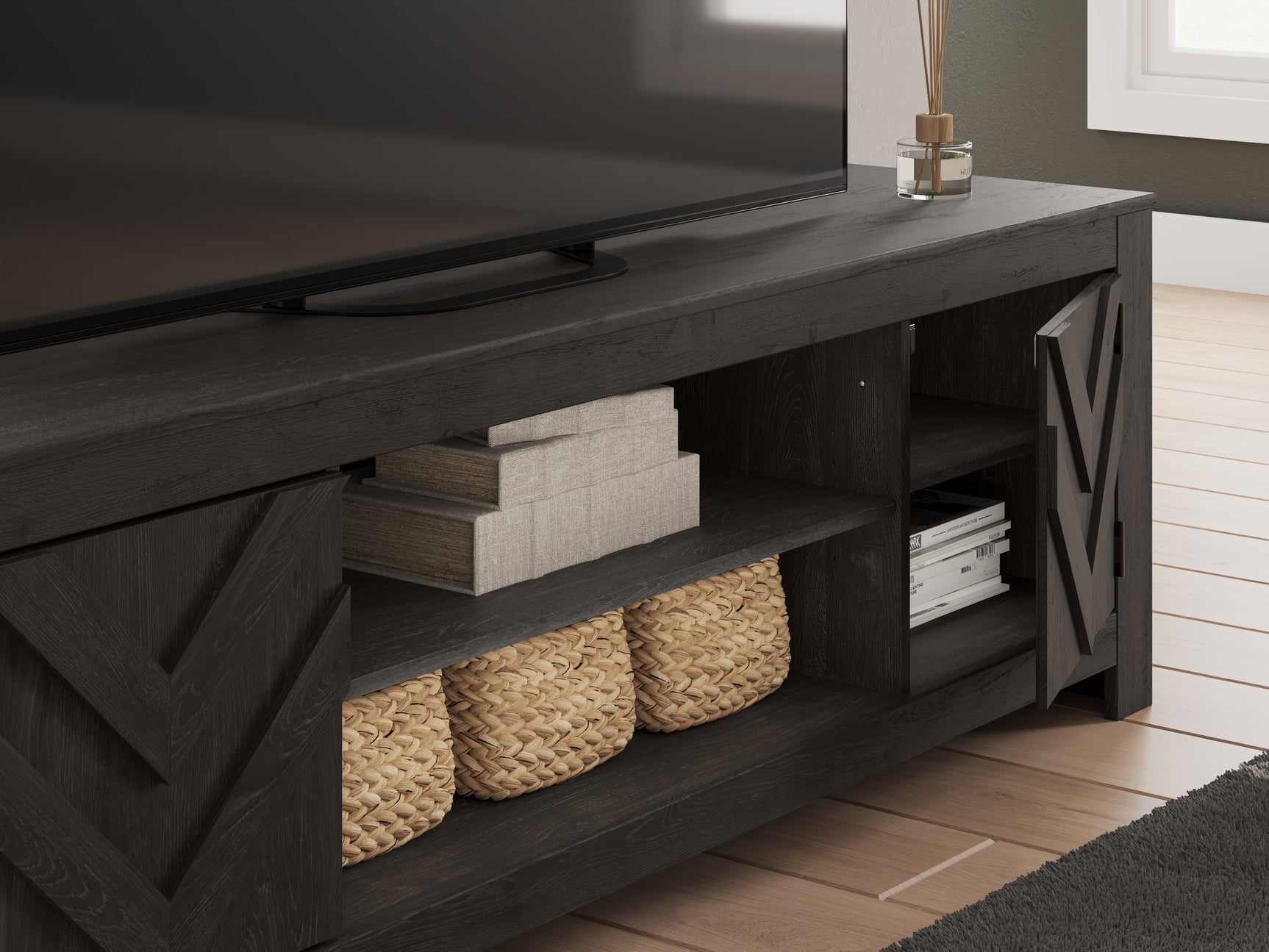 Cayboni Black LG TV Stand w/Fireplace Option - Ornate Home