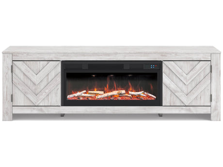 Cayboni Whitewash 71" TV Stand with Electric Fireplace - Ornate Home