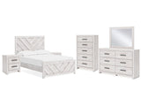 Cayboni Whitewash Full Panel Bedroom Set with Dresser, Mirror, Chest and 2 Nightstands - Ornate Home