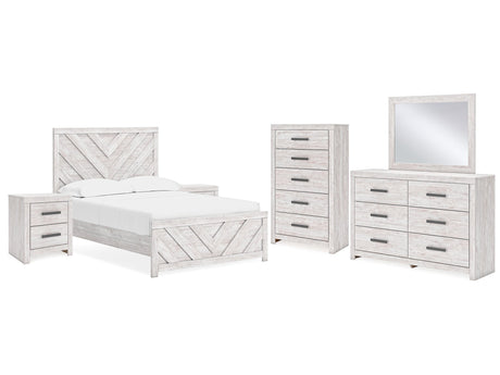 Cayboni Whitewash Full Panel Bedroom Set with Dresser, Mirror, Chest and 2 Nightstands - Ornate Home