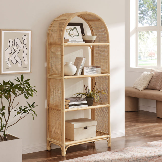 Celeste 67 Inch Tall Arched Natural Rattan Bookshelf - Ornate Home