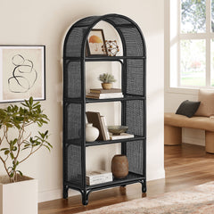 Celeste Black 67 Inch Tall Arched Natural Rattan Bookshelf - Ornate Home