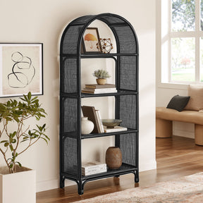 Celeste Black 67 Inch Tall Arched Natural Rattan Bookshelf - Ornate Home