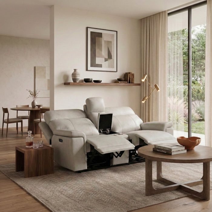 Celestia Beige Power Double Reclining Loveseat With Power Headrest And Center Console - Ornate Home