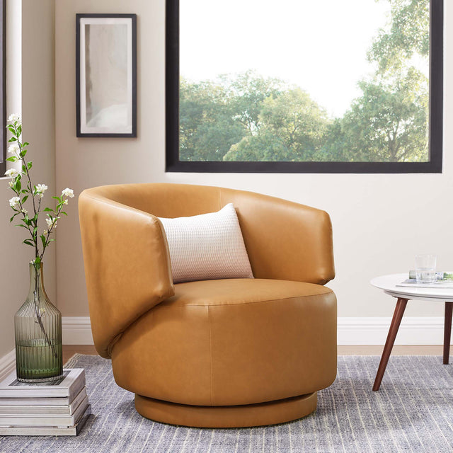 Celestia Tan Vegan Leather Fabric and Wood Swivel Chair - Ornate Home