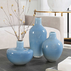 Celestial Frost Blue Vases (Set of 3) - Ornate Home