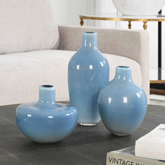 Celestial Frost Blue Vases (Set of 3) - Ornate Home