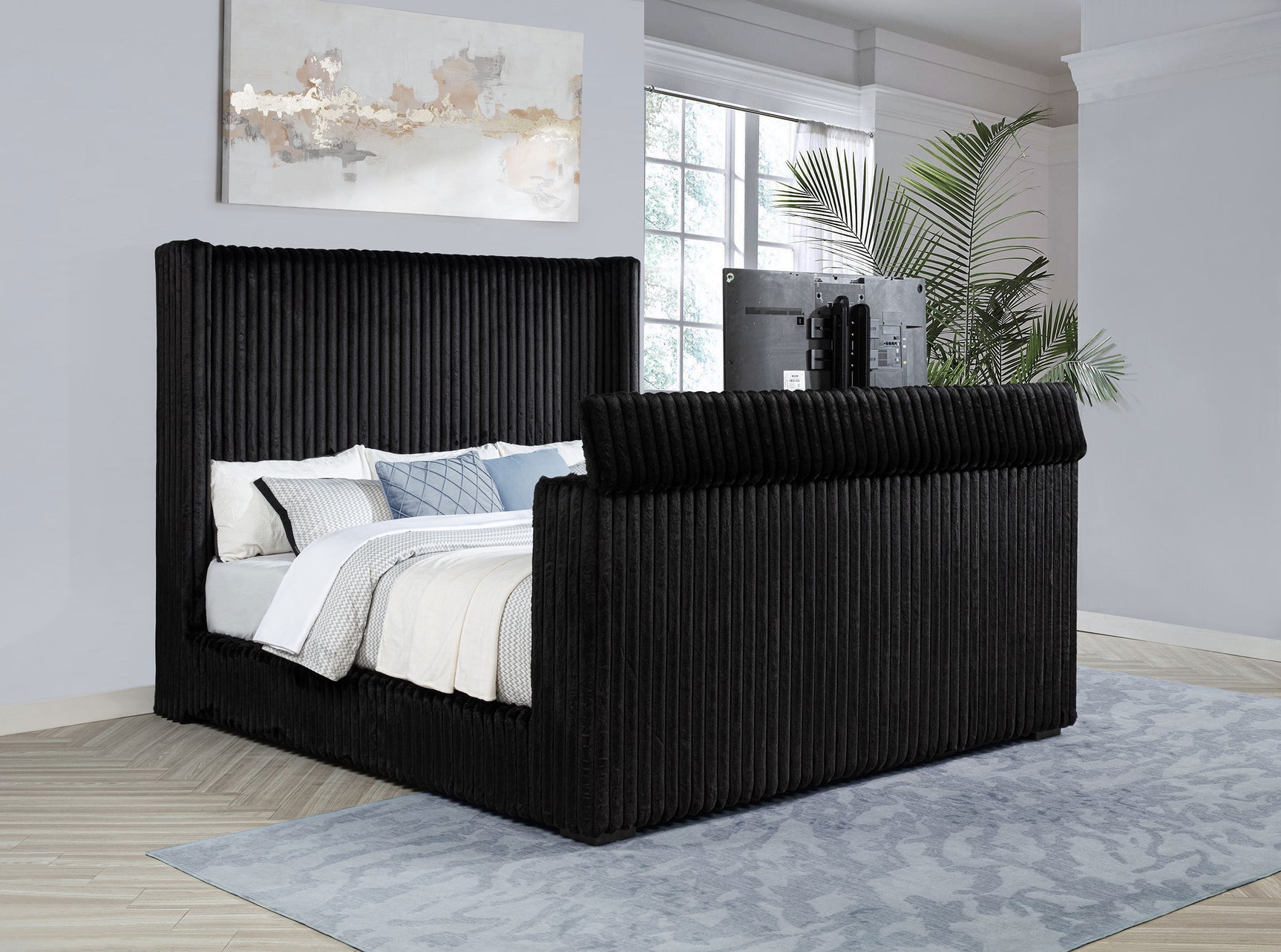 Centergrove Black Upholstered Eastern King Wingback TV Bed - Ornate Home