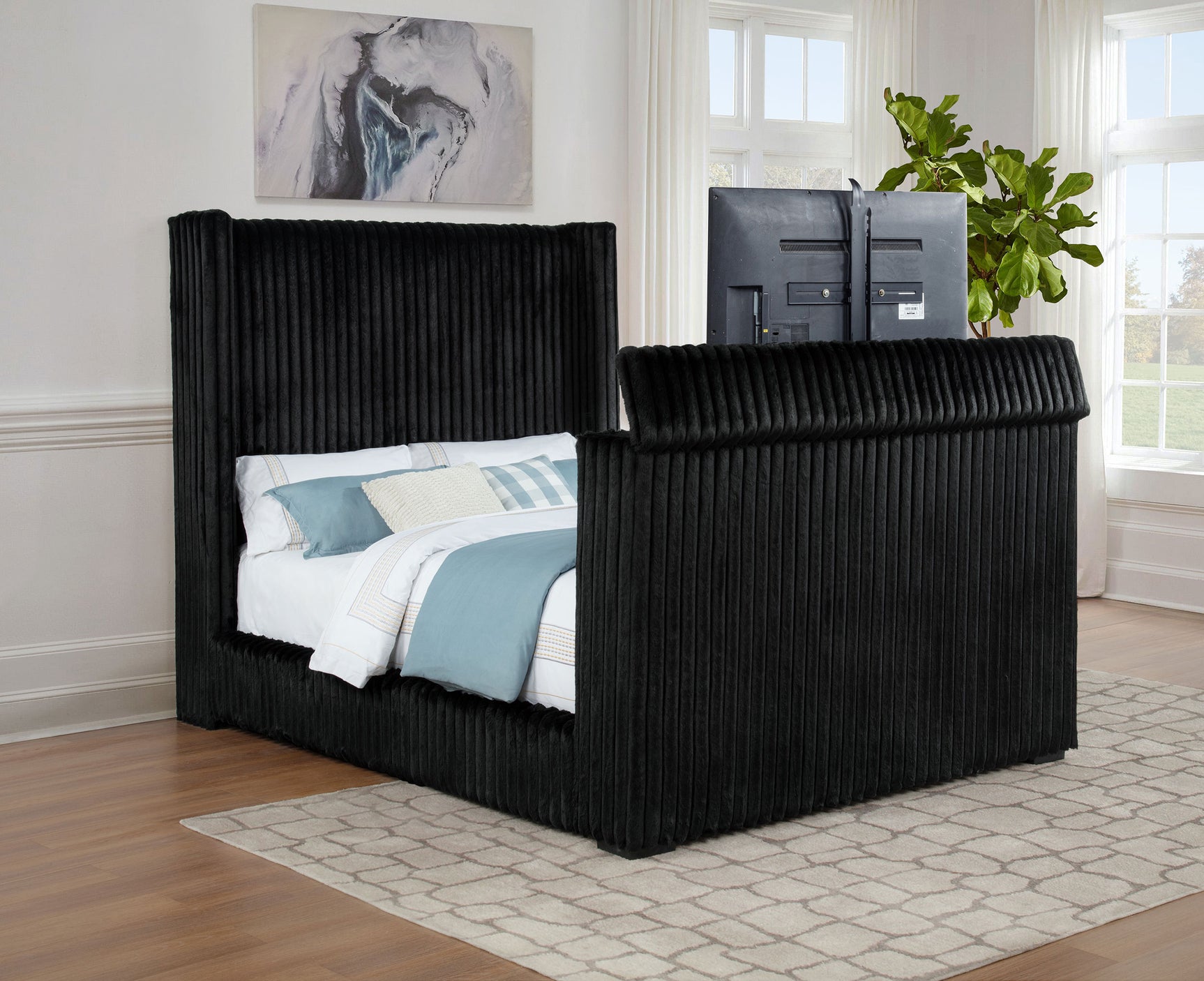 Centergrove Black Upholstered Queen Wingback TV Bed - Ornate Home