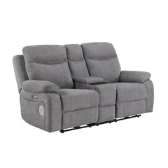 Centric Gray Power Double Reclining Loveseat With Center Console Power Headrests Power Lumbar Support Wireless Charger Hidden Cup Holders Bluetooth Speakers And Charging Ports - Ornate Home