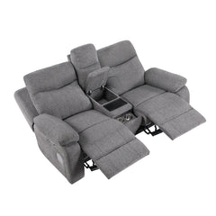 Centric Gray Power Double Reclining Loveseat With Center Console Power Headrests Power Lumbar Support Wireless Charger Hidden Cup Holders Bluetooth Speakers And Charging Ports - Ornate Home