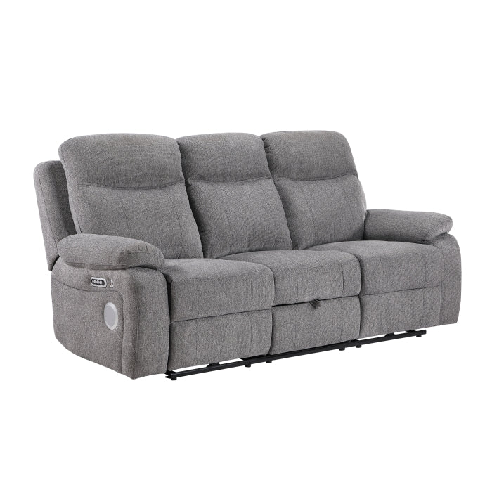 Centric Gray Power Double Reclining Sofa With Center Drop-down Cup Holders Power Headrests Power Lumbar Support Wireless Charger Bluetooth Speakers Hidden Drawer And Charging Ports - Ornate Home