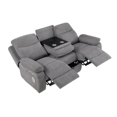 Centric Gray Power Double Reclining Sofa With Center Drop-down Cup Holders Power Headrests Power Lumbar Support Wireless Charger Bluetooth Speakers Hidden Drawer And Charging Ports - Ornate Home