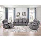 Centric Gray Power Double Reclining Sofa With Center Drop-down Cup Holders Power Headrests Power Lumbar Support Wireless Charger Bluetooth Speakers Hidden Drawer And Charging Ports - Ornate Home