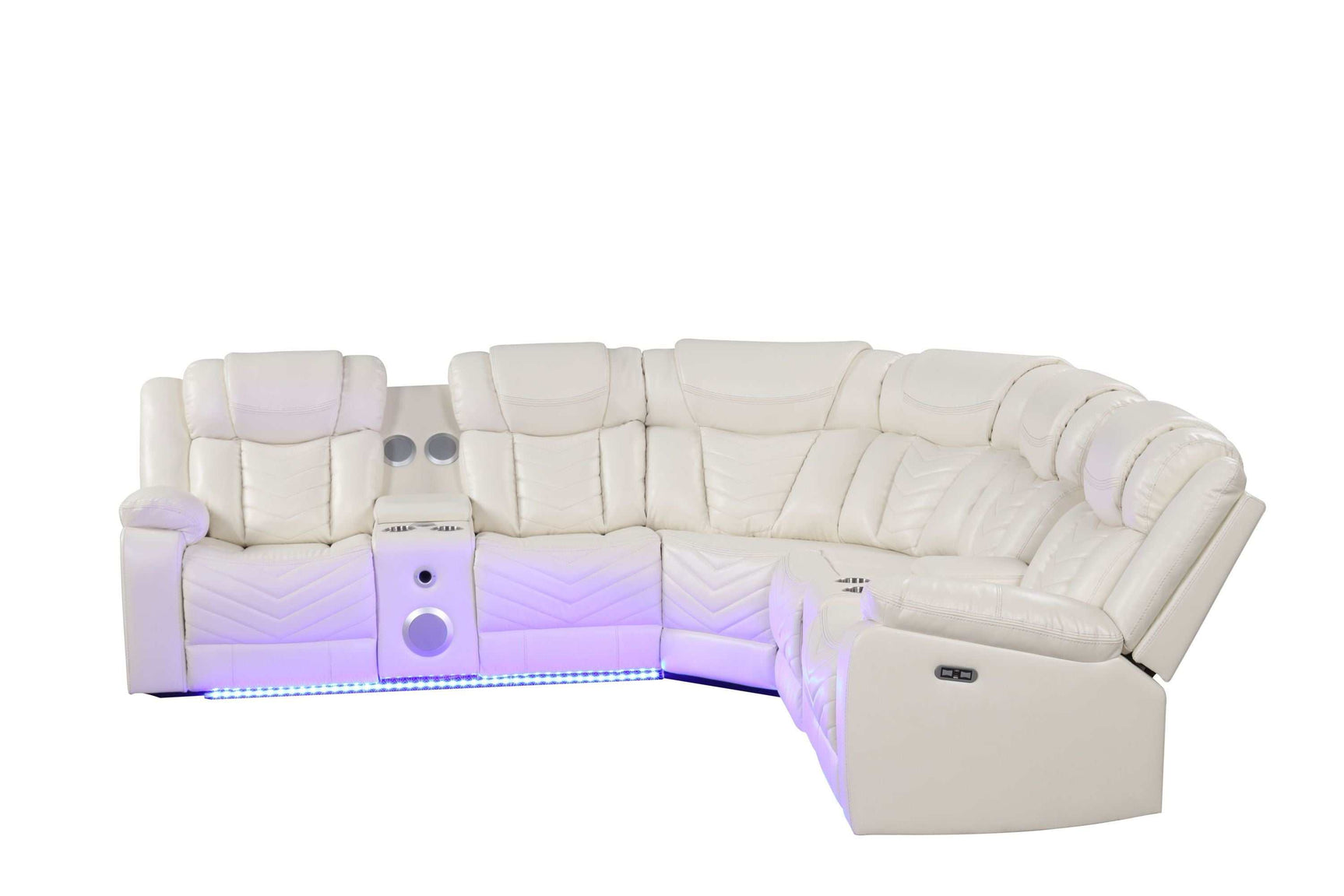 Challenger Beige Faux Leather Reclining Sectional Sofa w/ Built in USB-C Ports & Bluetooth - Ornate Home