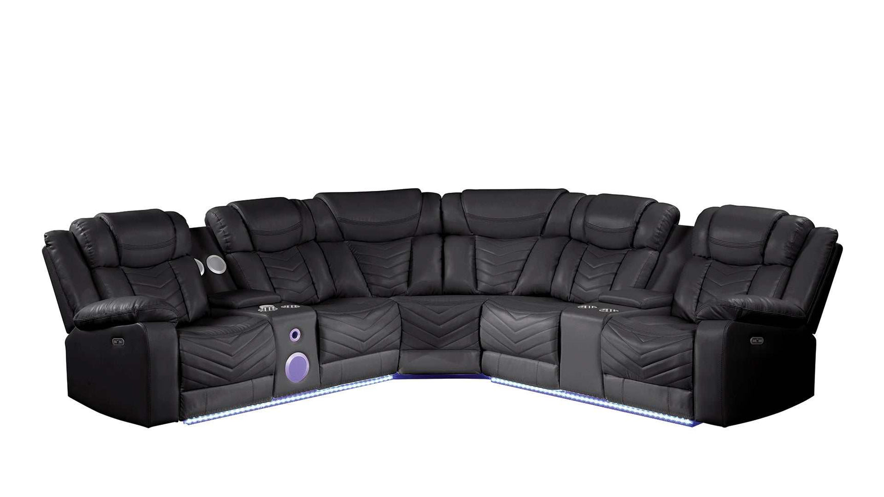 Challenger Black Faux Leather Reclining Sectional Sofa w/Built in USB-C Ports & Bluetooth - Ornate Home