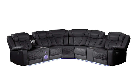 Challenger Black Faux Leather Reclining Sectional Sofa w/Built in USB-C Ports & Bluetooth - Ornate Home