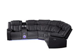 Challenger Black Faux Leather Reclining Sectional Sofa w/Built in USB-C Ports & Bluetooth - Ornate Home