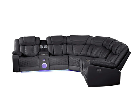 Challenger Black Faux Leather Reclining Sectional Sofa w/Built in USB-C Ports & Bluetooth - Ornate Home