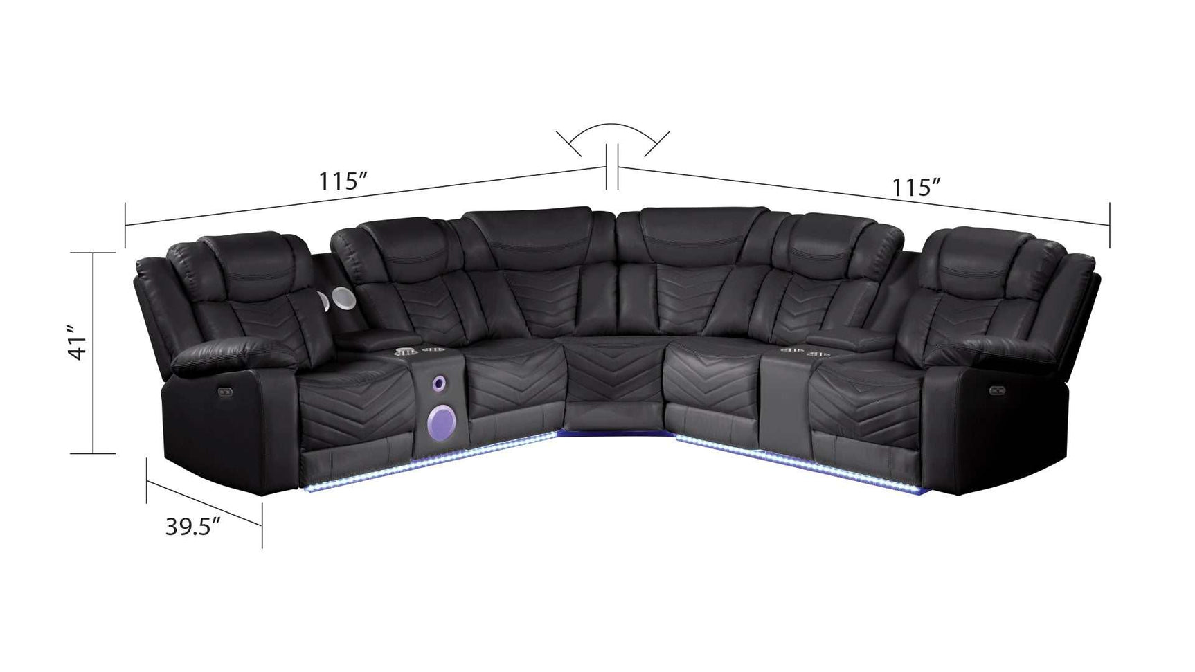 Challenger Black Faux Leather Reclining Sectional Sofa w/Built in USB-C Ports & Bluetooth - Ornate Home