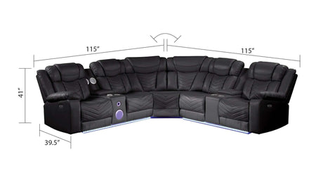 Challenger Black Faux Leather Reclining Sectional Sofa w/Built in USB-C Ports & Bluetooth - Ornate Home