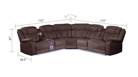 Challenger Brown Faux Leather Reclining Sectional Sofa w/Built in USB-C Ports & Bluetooth - Ornate Home